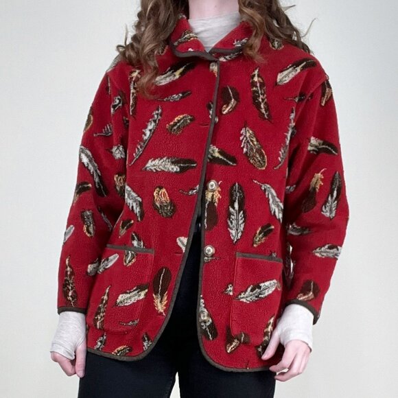 Vintage Fleece Novelty Print Light Jacket Cardigan Sweater Western Gorpcore Boho - Picture 1 of 10